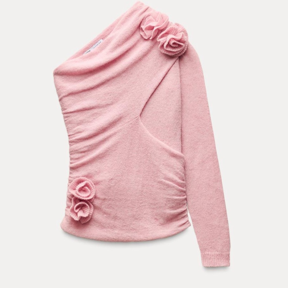 Zara raised floral knit top, pastel pink